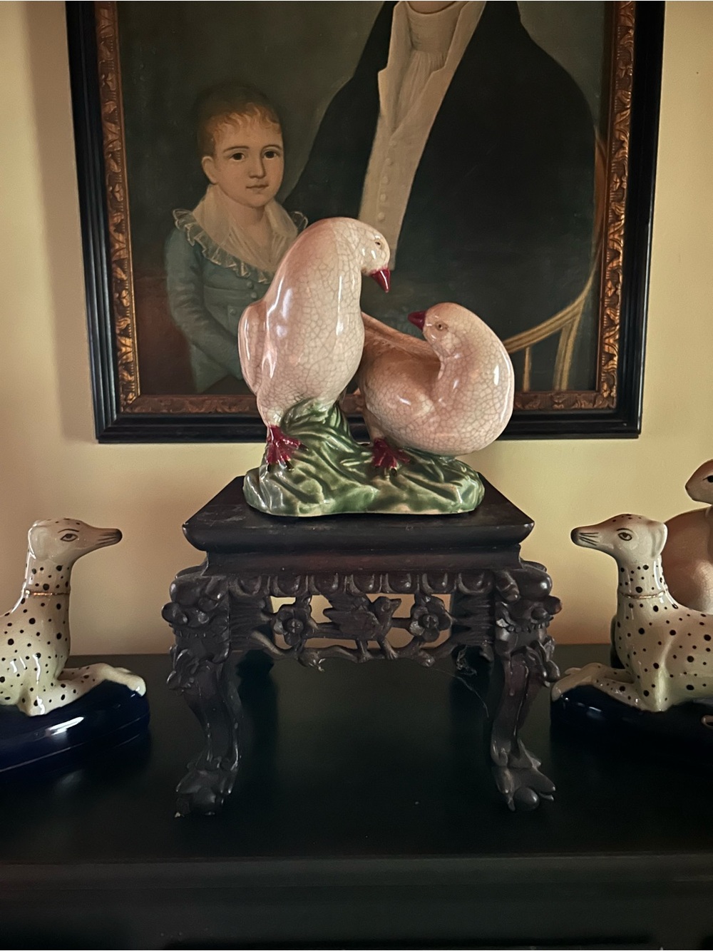 Stunning Vintage Chinoiserie Dove Lovebird Crackle Glaze Statue Excellent